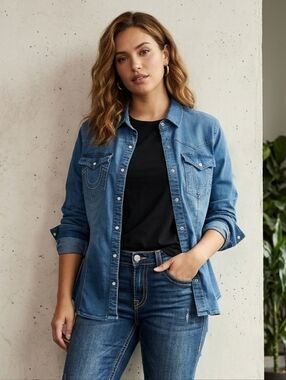 True Religion NWT Classic Blue Denim Western Shirt 3XL